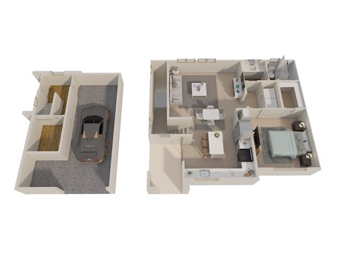 a stylized floor plan of a house with a bedroom and a living room